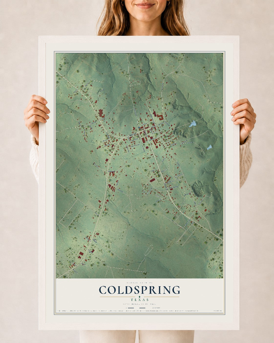 Map of Coldspring, Texas, 24 x 36 inch print in a white wood frame