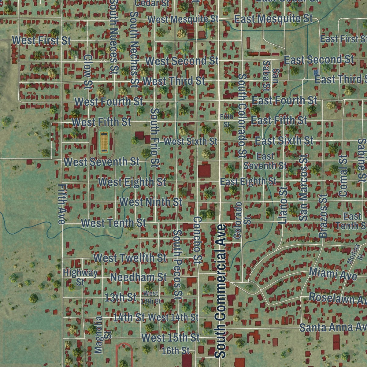 Close-up of the map of Coleman, Texas print showing street and building detail