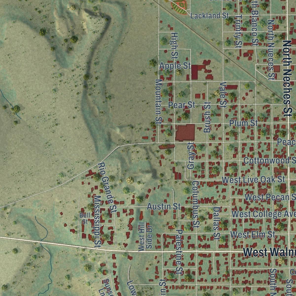 Second close-up of the map of Coleman, Texas print showing more streets and buildings