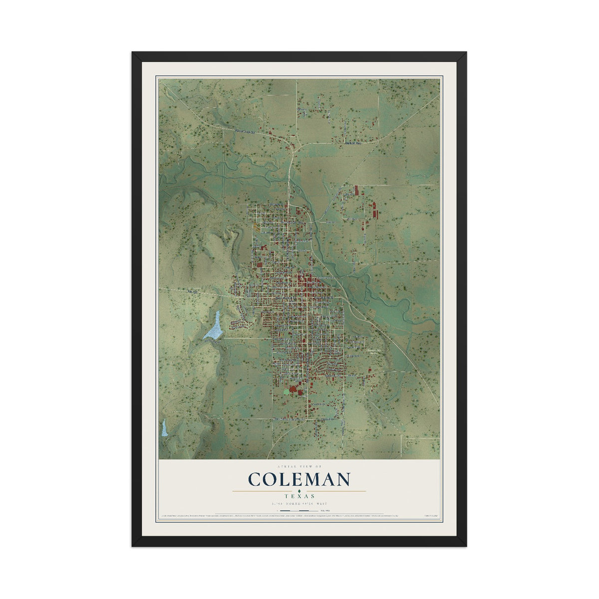 Map of Coleman, Texas, 12 x 18 inch print in a black wood frame