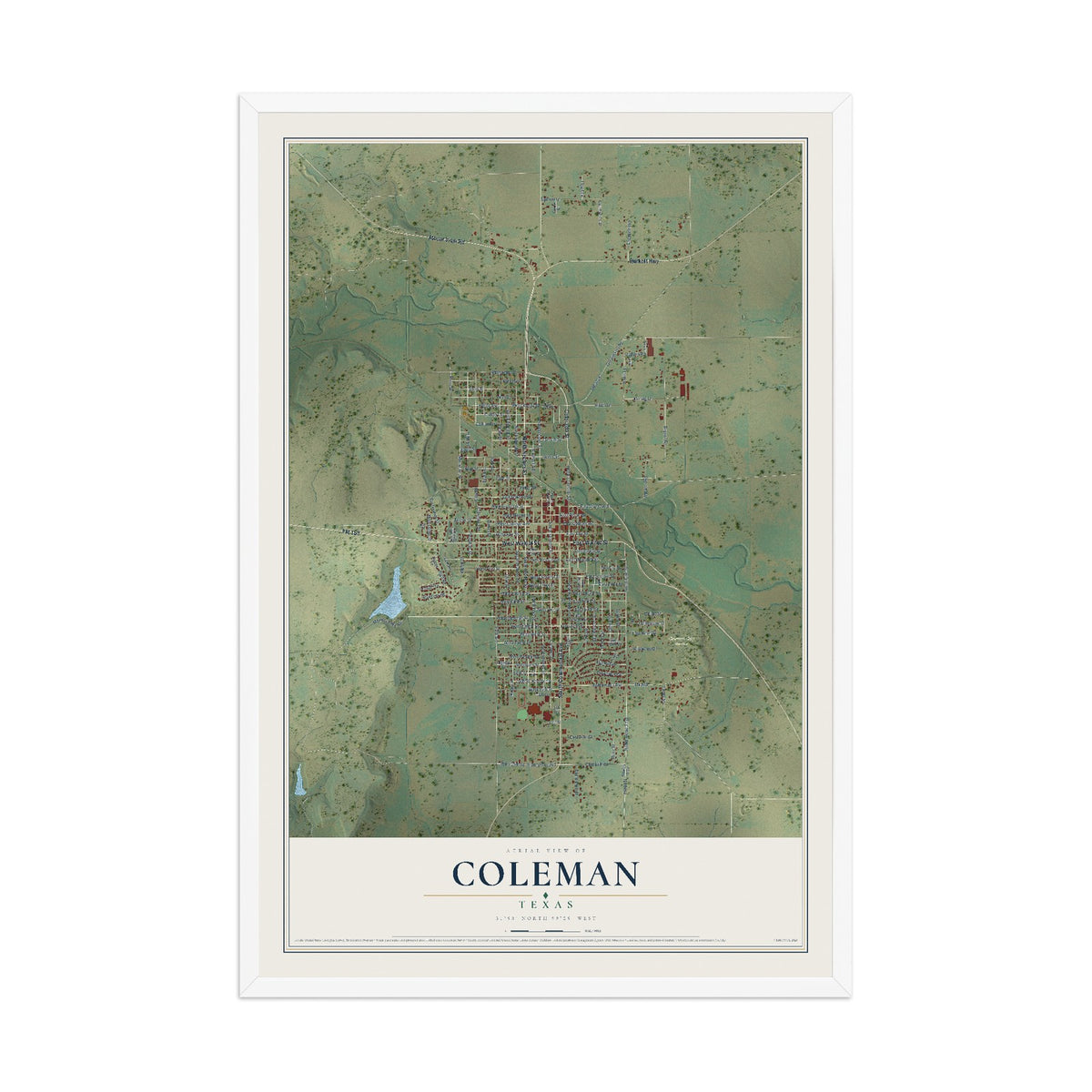 Map of Coleman, Texas, 12 x 18 inch print in a white wood frame