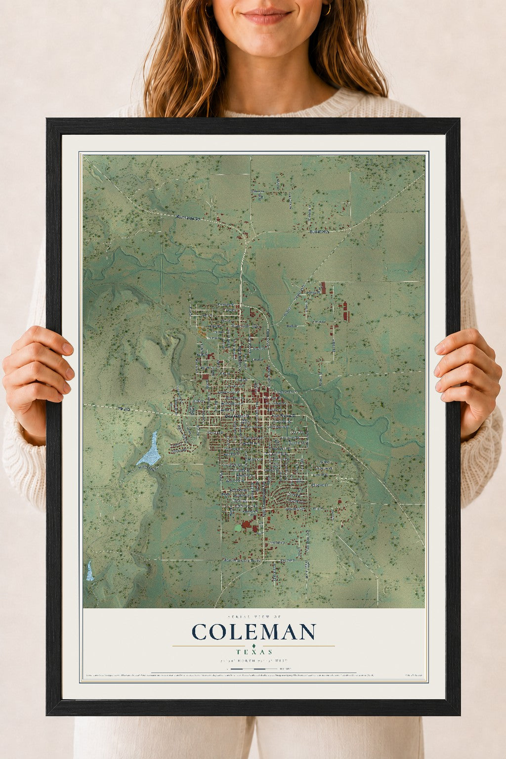 Map of Coleman, Texas, 18 x 24 inch print in a black wood frame
