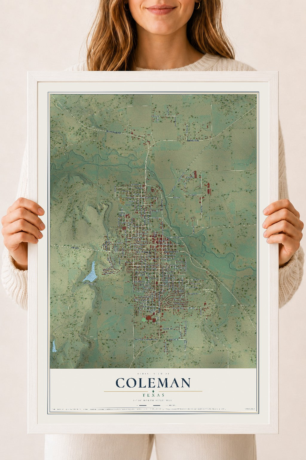 Map of Coleman, Texas, 18 x 24 inch print in a white wood frame