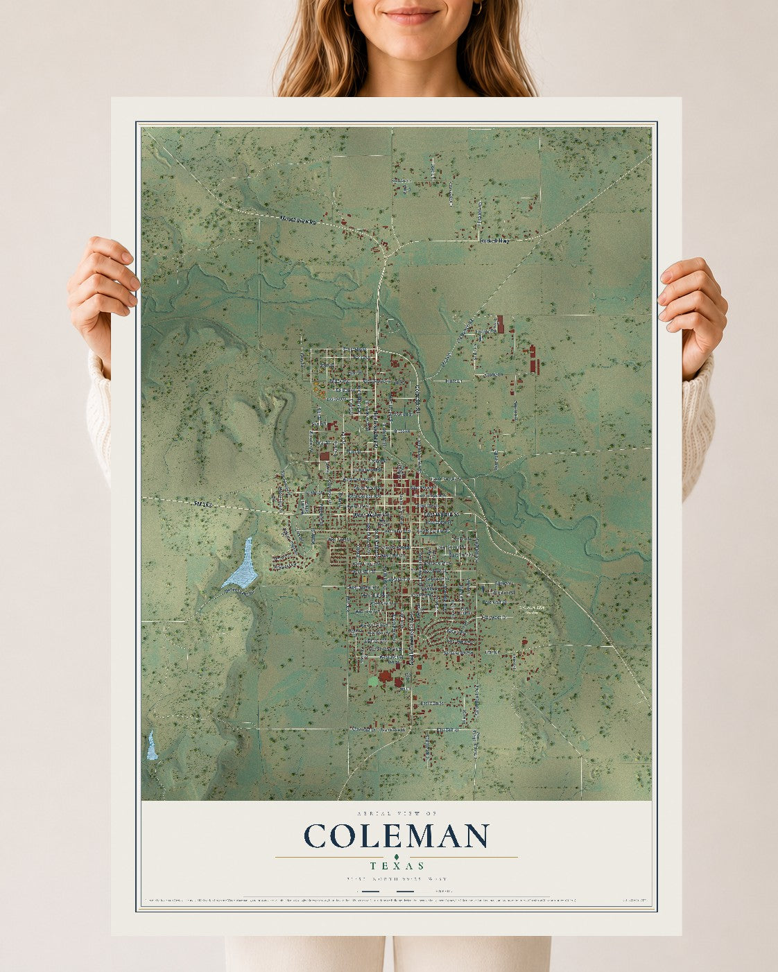 Map of Coleman, Texas, 24 x 36 inch unframed archival matte print