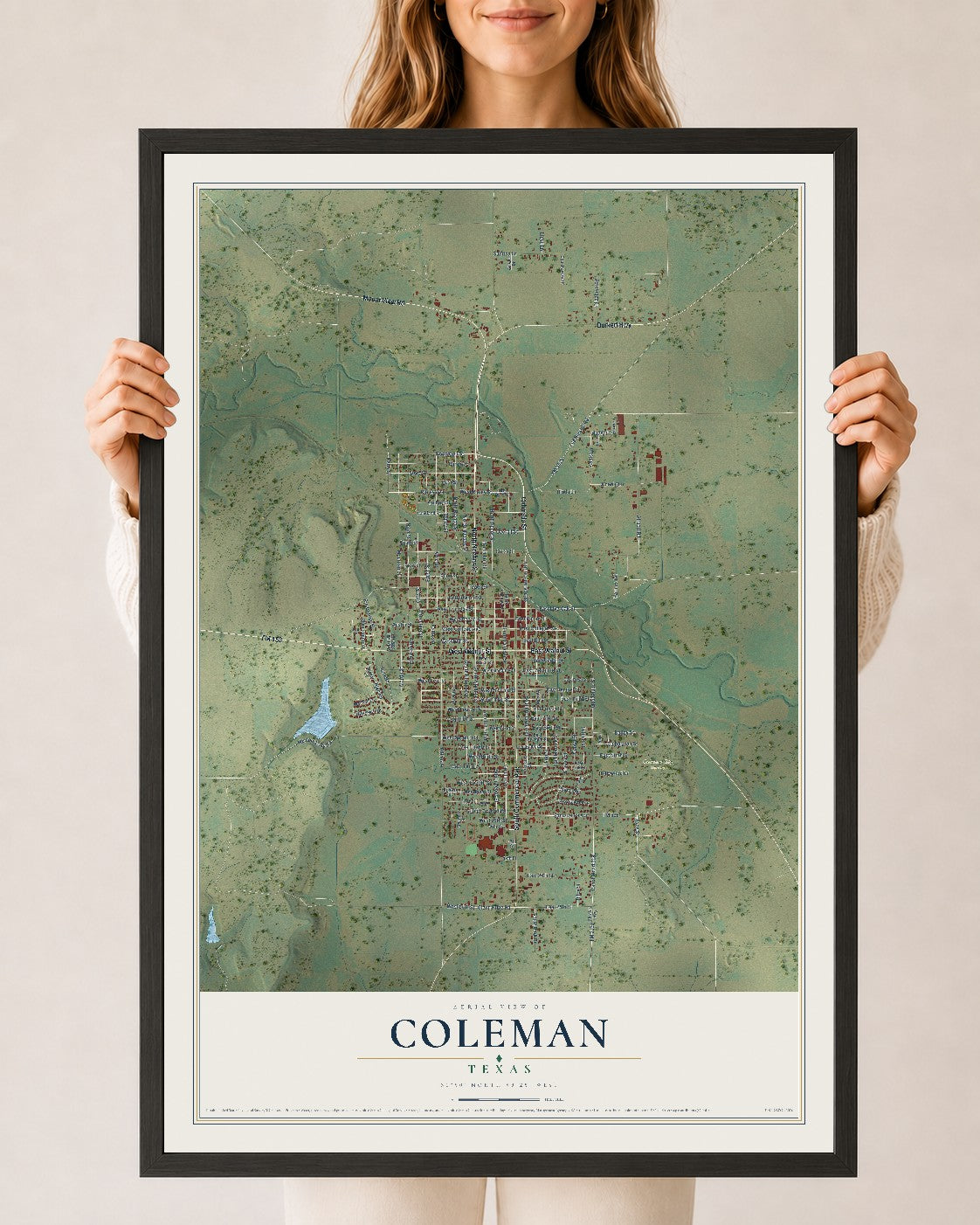 Map of Coleman, Texas, 24 x 36 inch print in a black wood frame