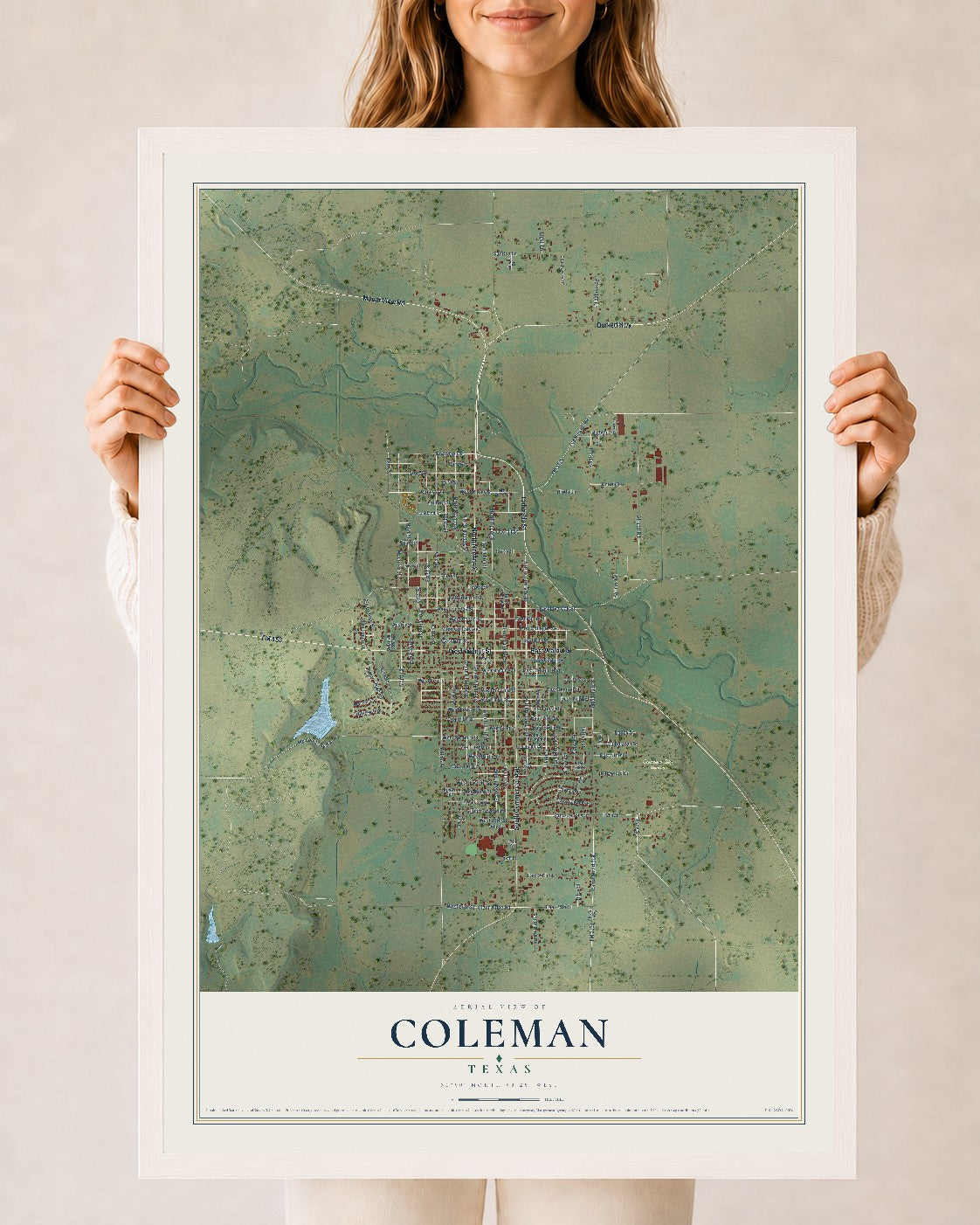 Map of Coleman, Texas, 24 x 36 inch print in a white wood frame