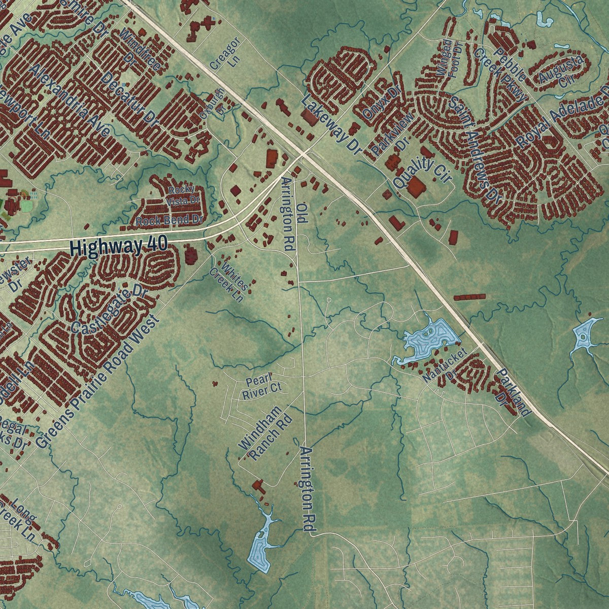 Second close-up of the map of College Station, Texas print showing more streets and buildings