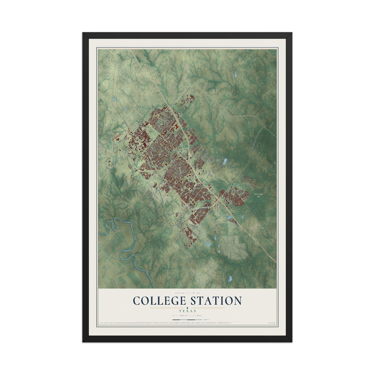 Map of College Station, Texas, 12 x 18 inch print in a black wood frame