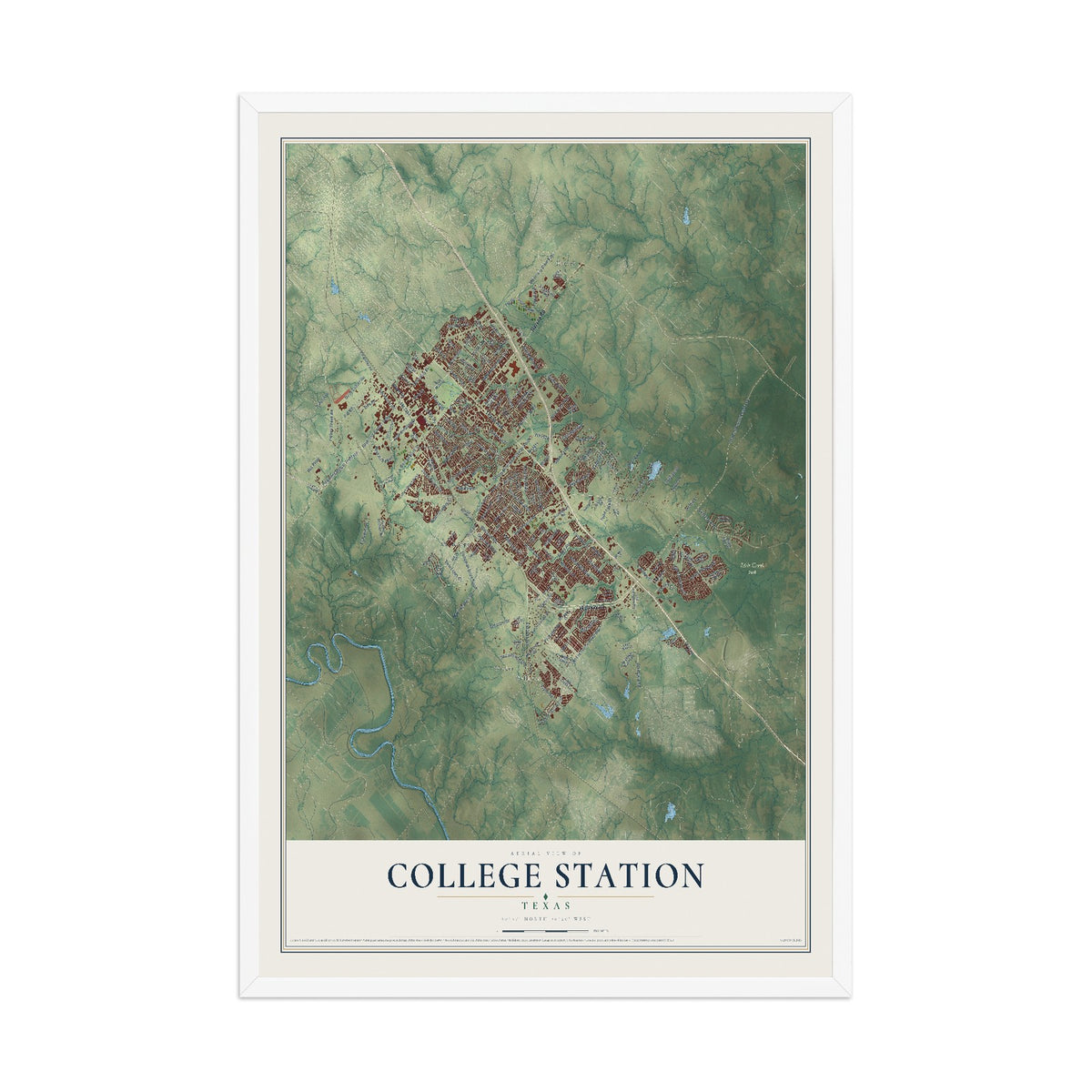 Map of College Station, Texas, 12 x 18 inch print in a white wood frame