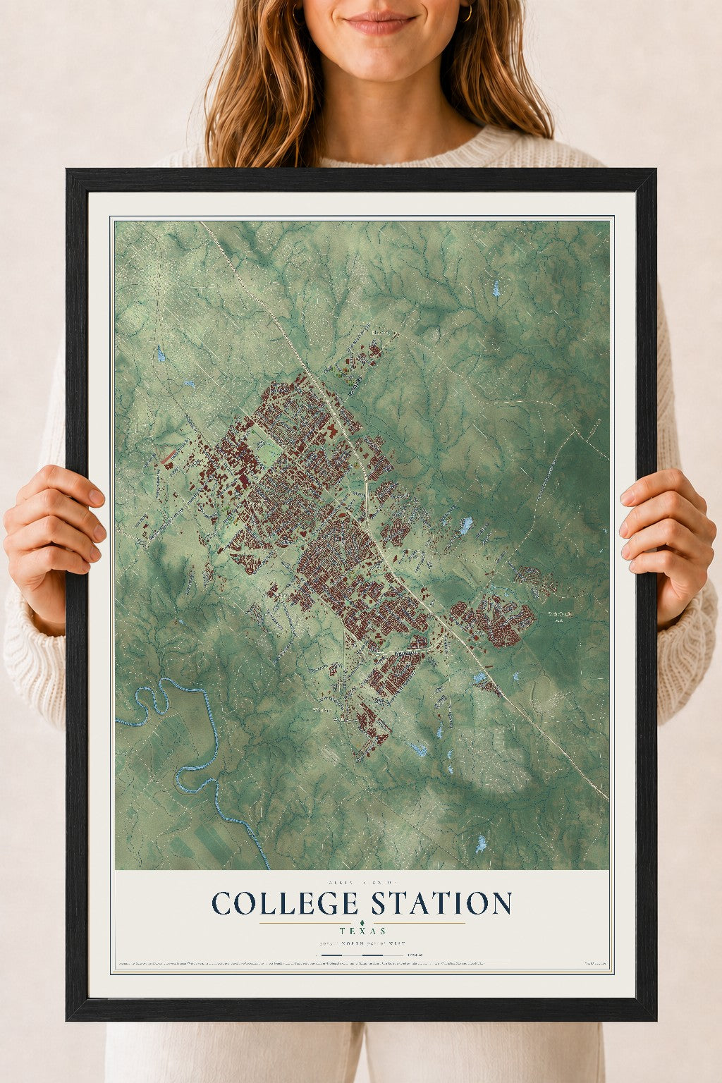 Map of College Station, Texas, 18 x 24 inch print in a black wood frame