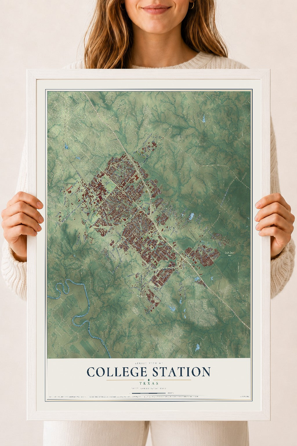 Map of College Station, Texas, 18 x 24 inch print in a white wood frame