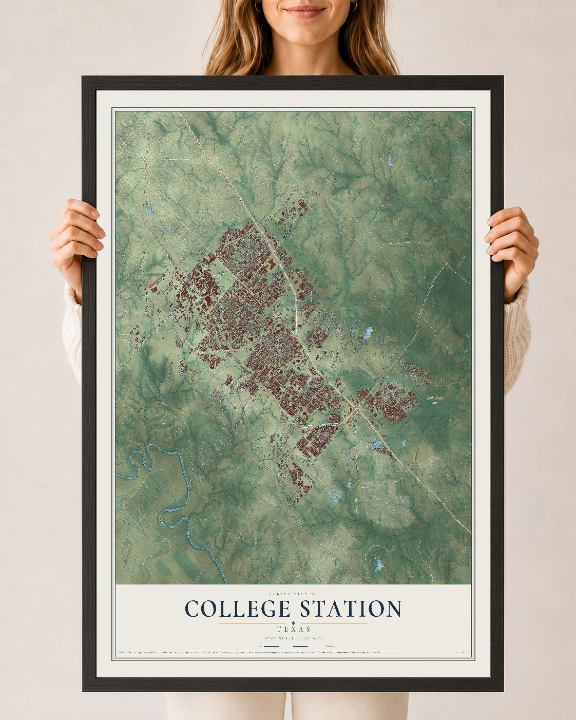 Map of College Station, Texas, 24 x 36 inch print in a black wood frame