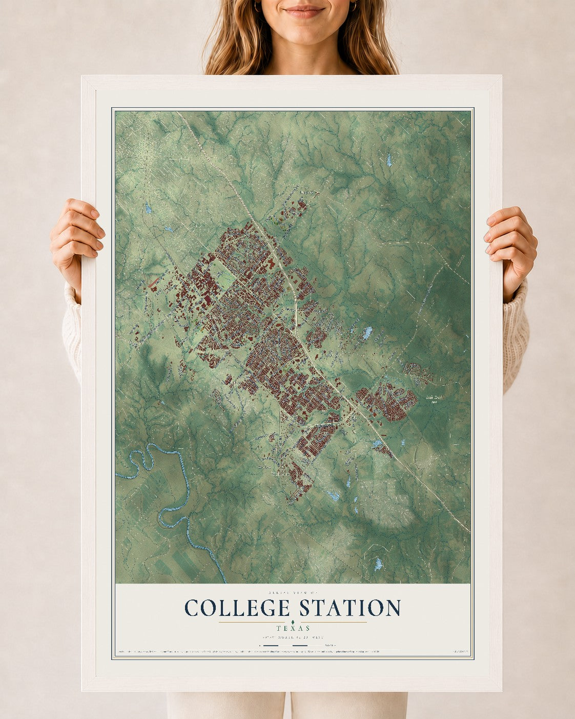 Map of College Station, Texas, 24 x 36 inch print in a white wood frame