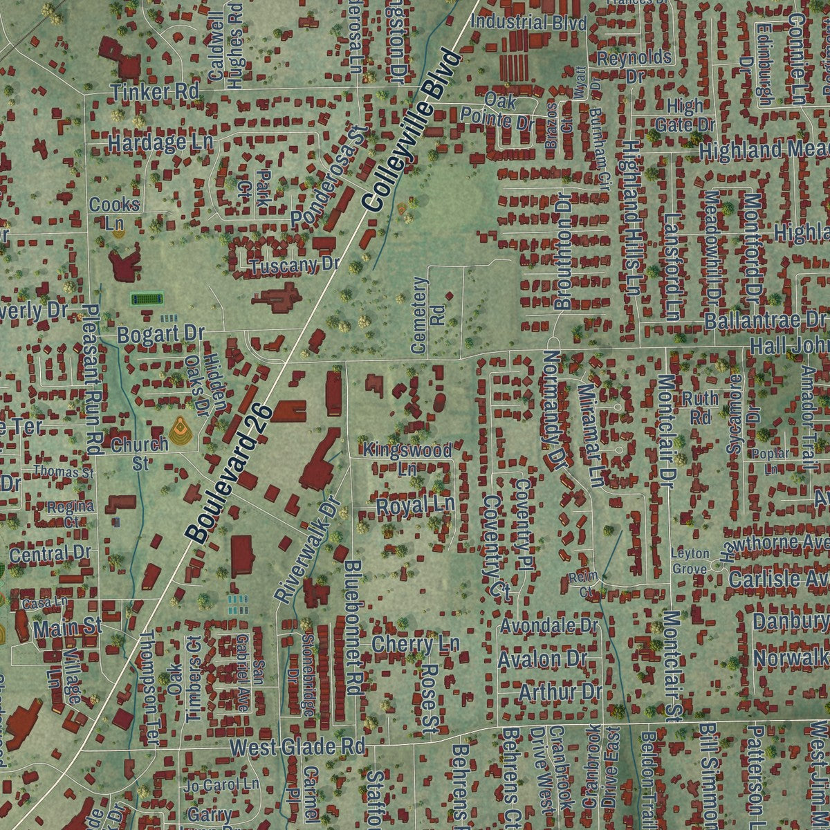Close-up of the map of Colleyville, Texas print showing street and building detail