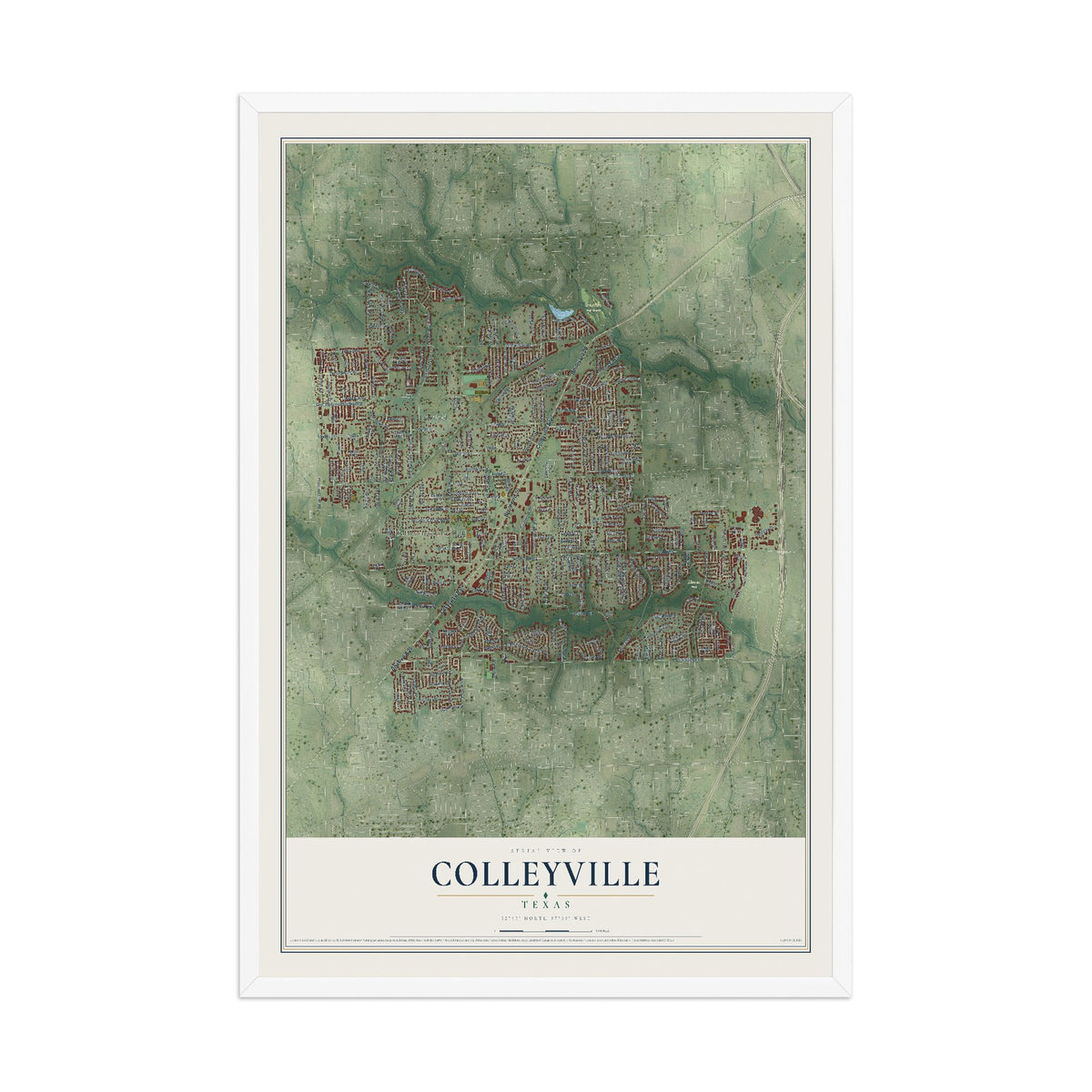 Map of Colleyville, Texas, 12 x 18 inch print in a white wood frame