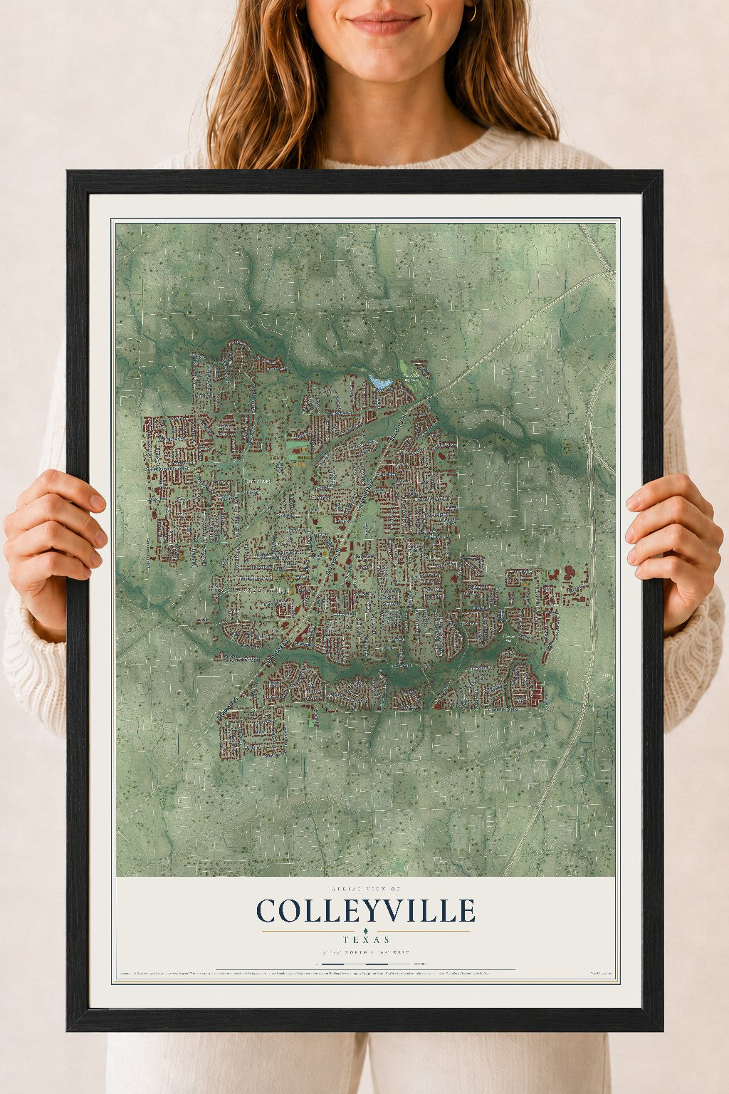 Map of Colleyville, Texas, 18 x 24 inch print in a black wood frame