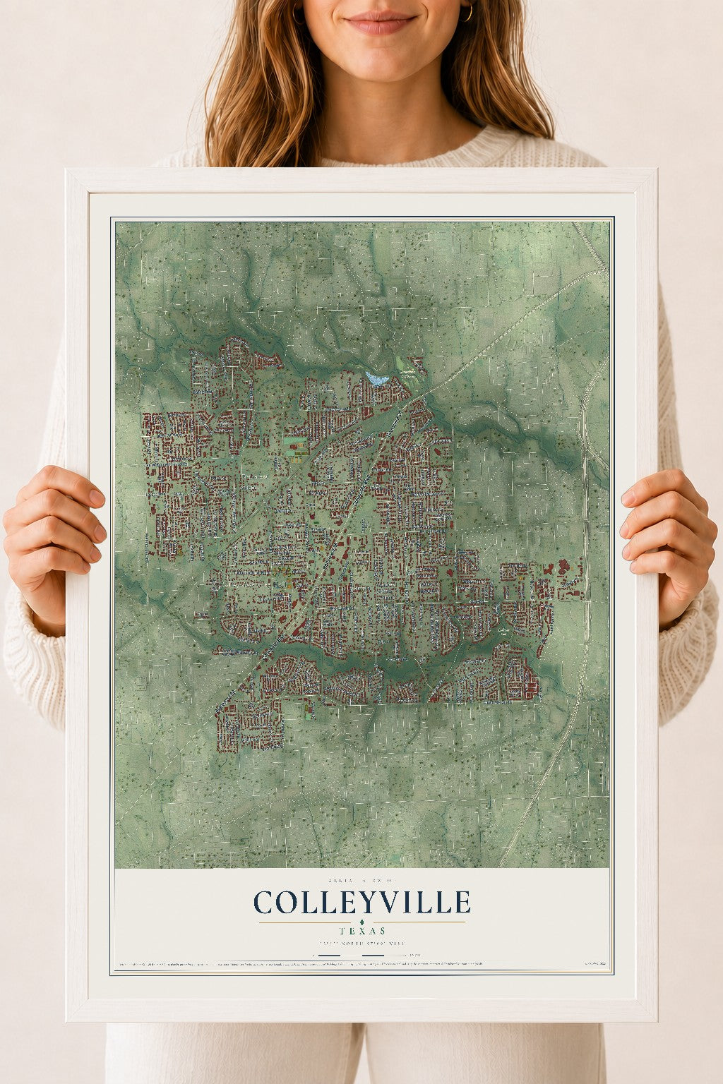 Map of Colleyville, Texas, 18 x 24 inch print in a white wood frame