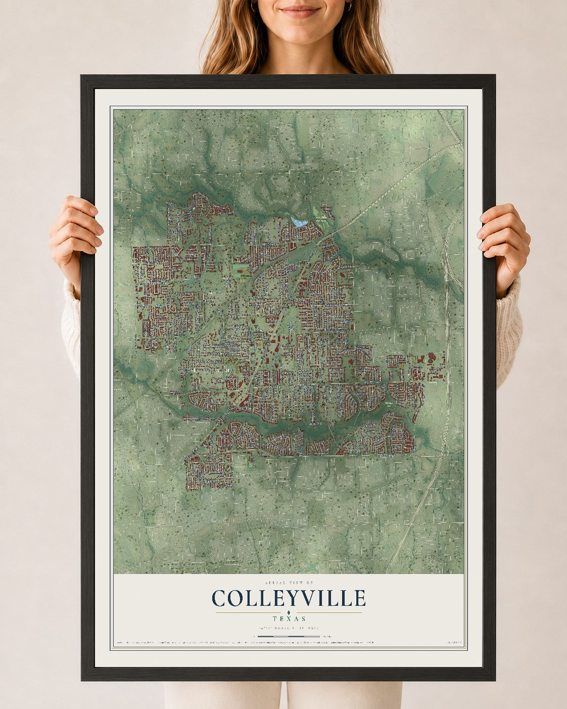 Map of Colleyville, Texas, 24 x 36 inch print in a black wood frame