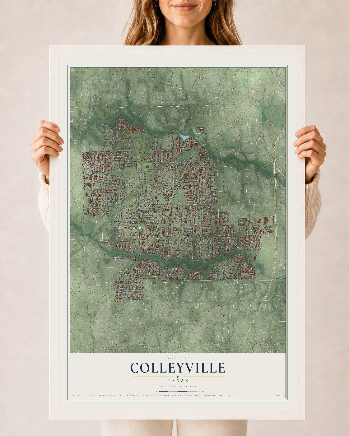 Map of Colleyville, Texas, 24 x 36 inch print in a white wood frame