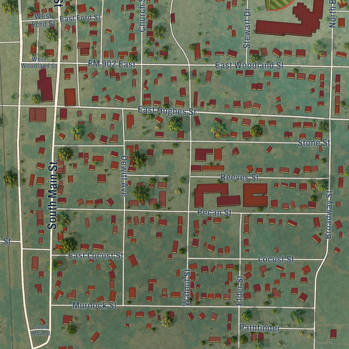 Close-up of the map of Collinsville, Texas print showing street and building detail
