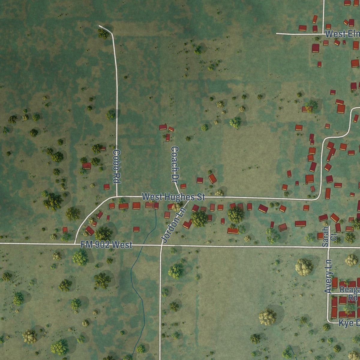 Second close-up of the map of Collinsville, Texas print showing more streets and buildings