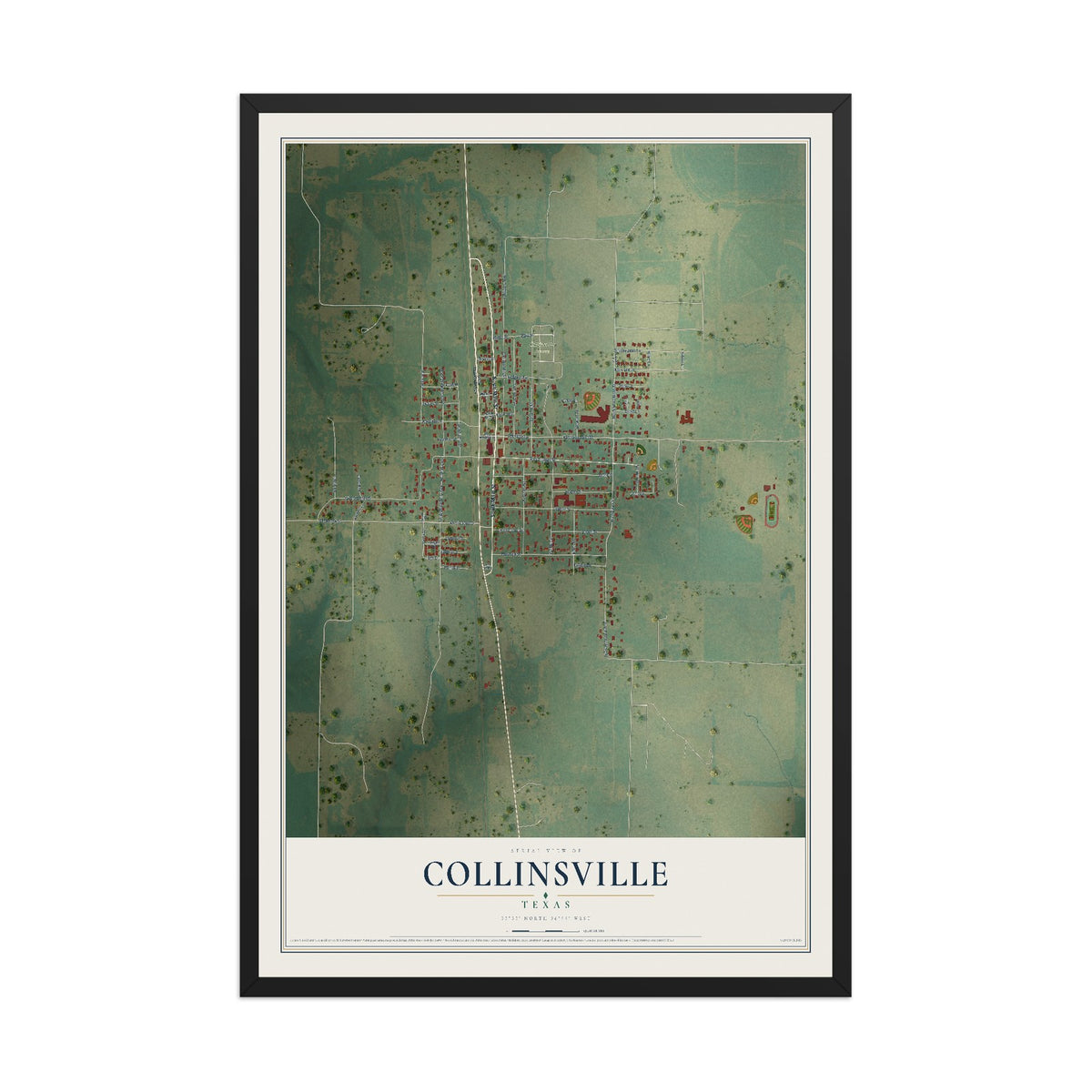 Map of Collinsville, Texas, 12 x 18 inch print in a black wood frame