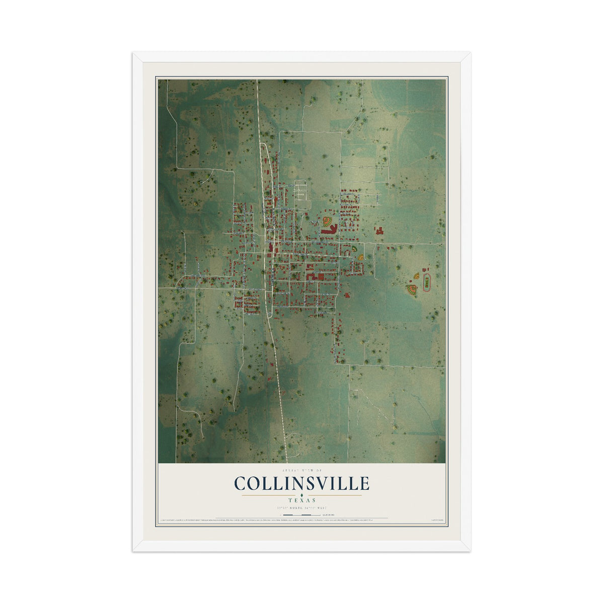 Map of Collinsville, Texas, 12 x 18 inch print in a white wood frame