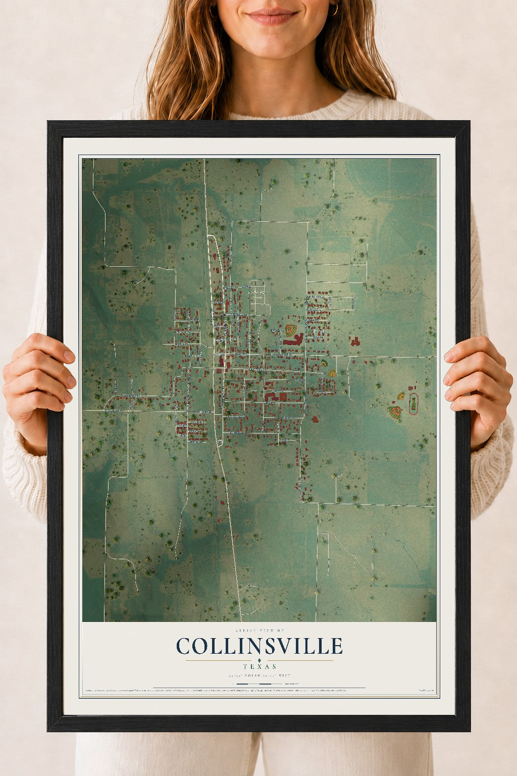 Map of Collinsville, Texas, 18 x 24 inch print in a black wood frame