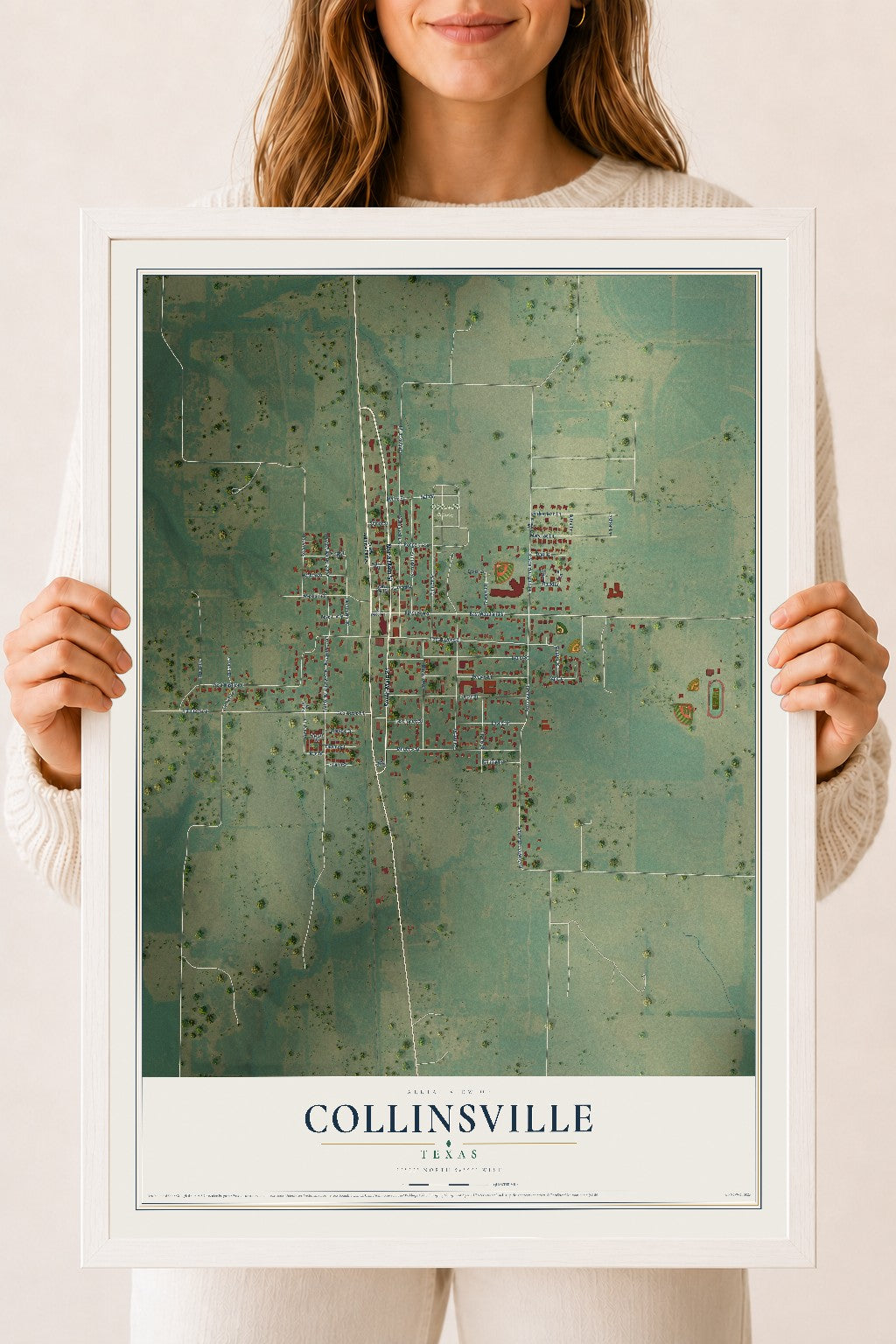 Map of Collinsville, Texas, 18 x 24 inch print in a white wood frame