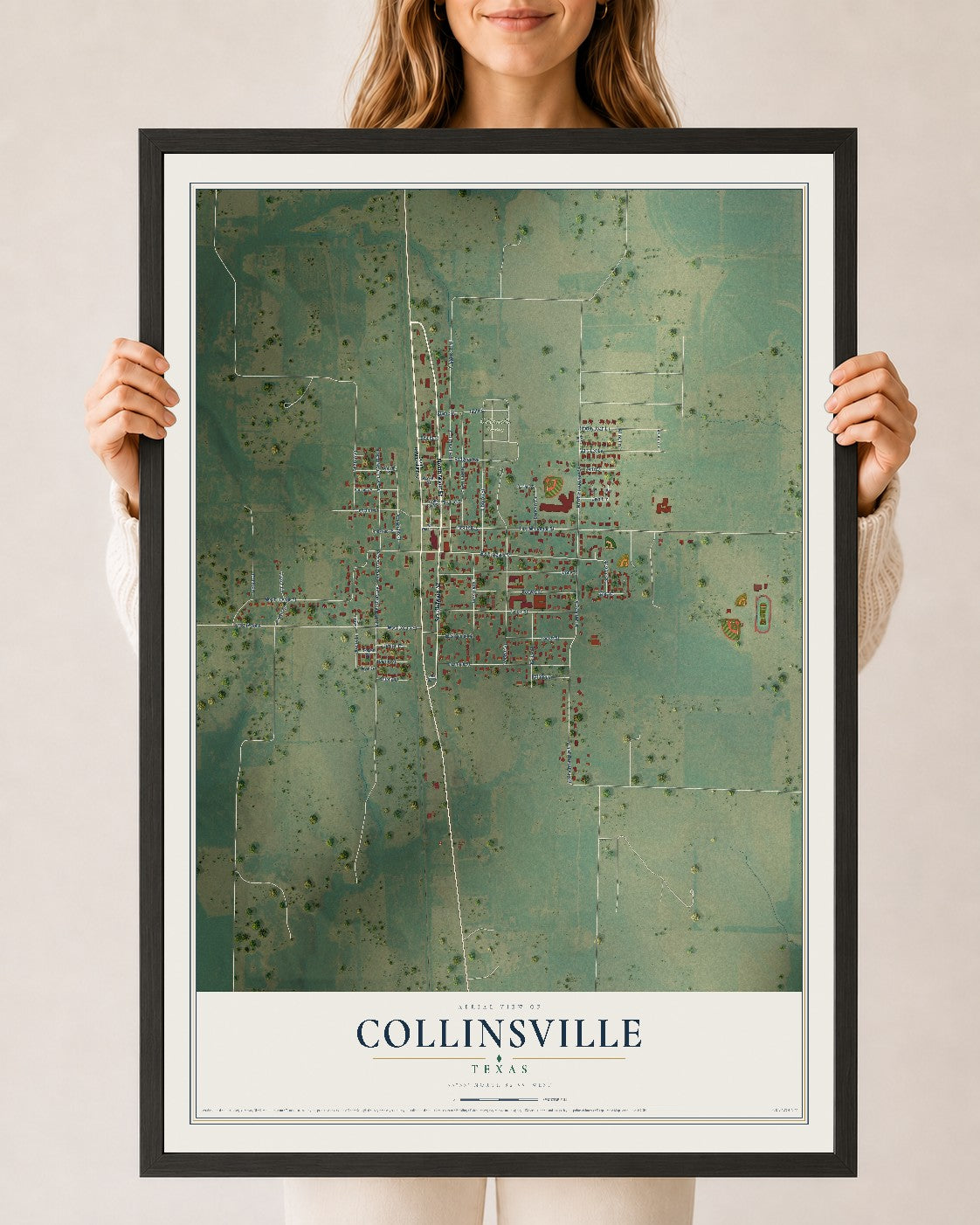 Map of Collinsville, Texas, 24 x 36 inch print in a black wood frame