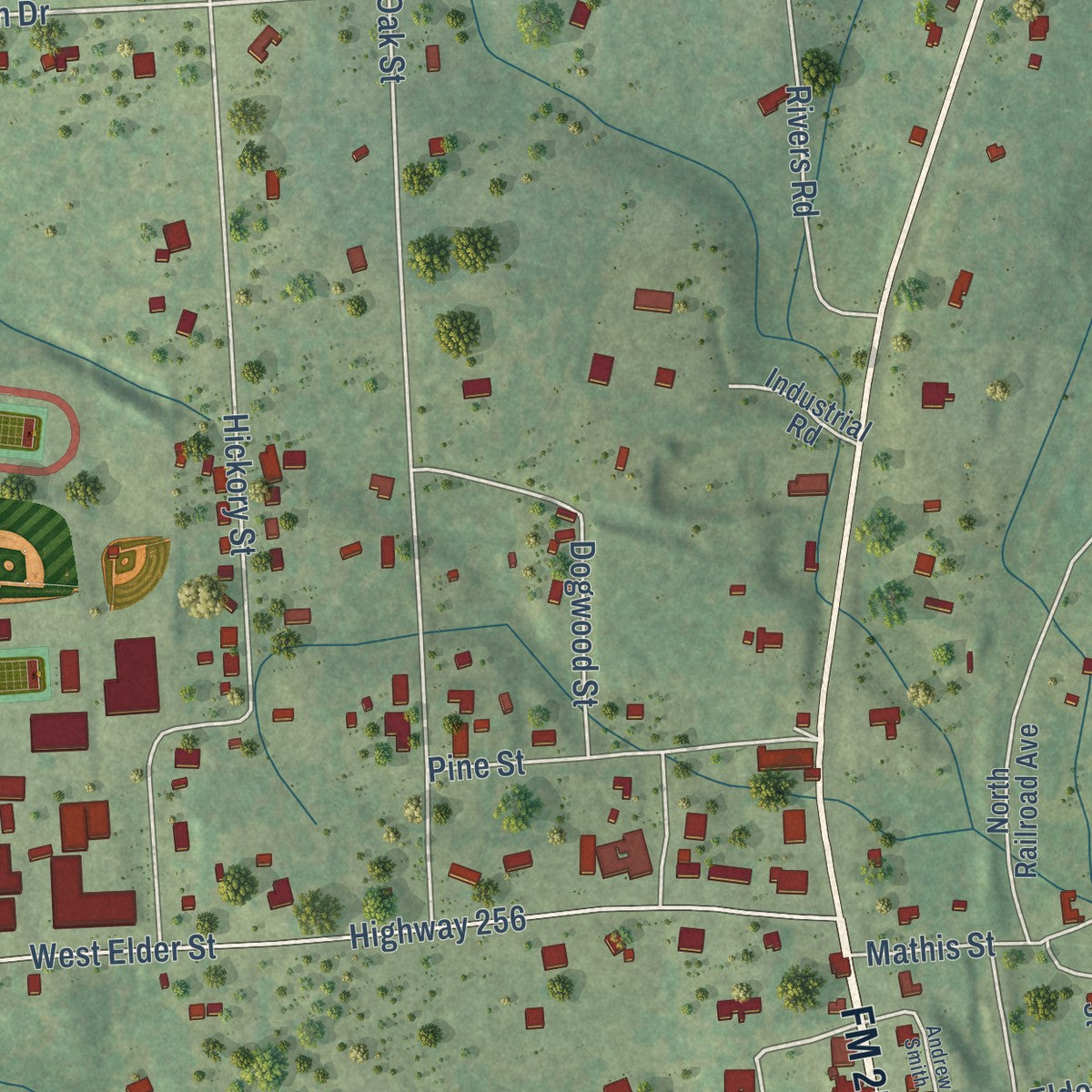 Close-up of the map of Colmesneil, Texas print showing street and building detail