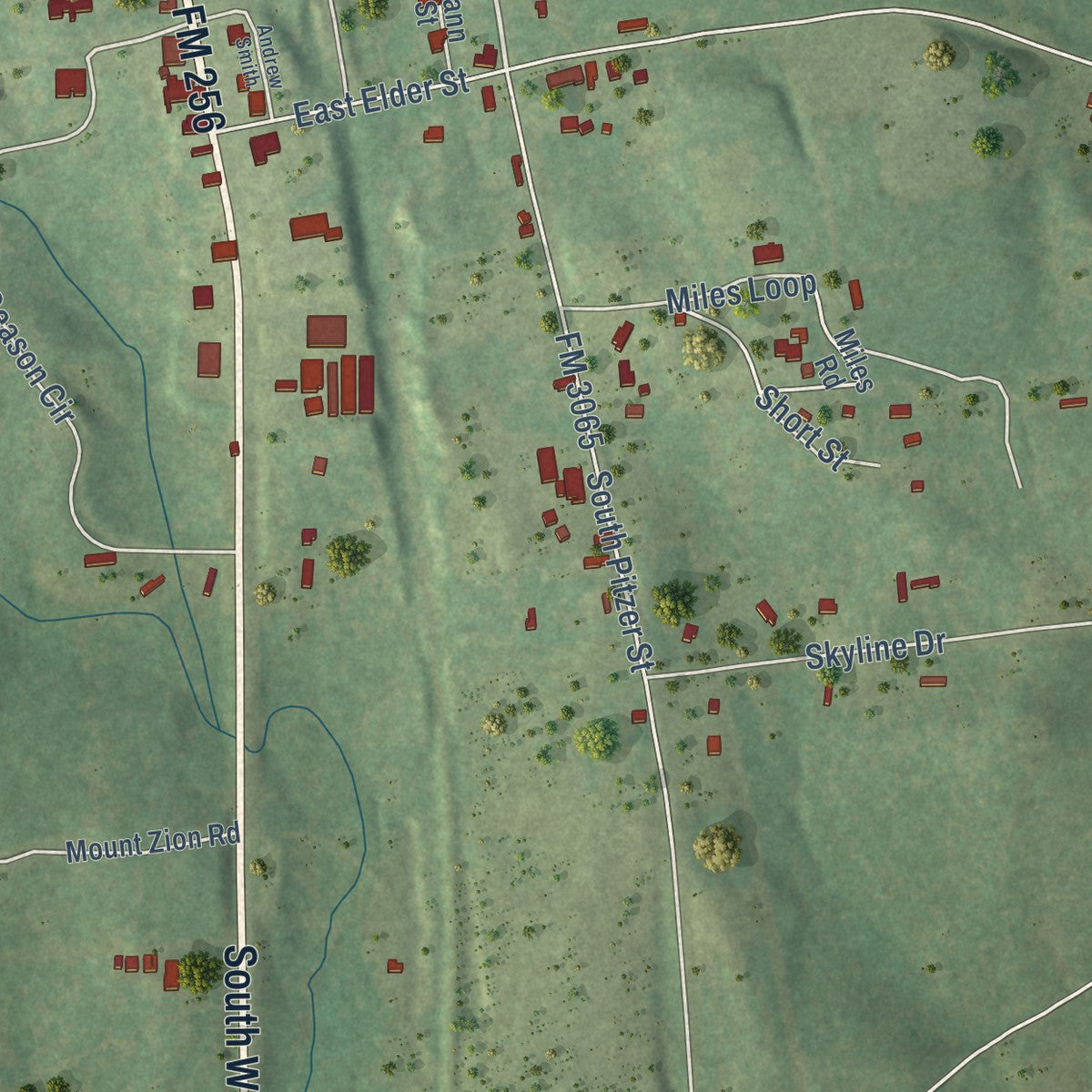 Second close-up of the map of Colmesneil, Texas print showing more streets and buildings