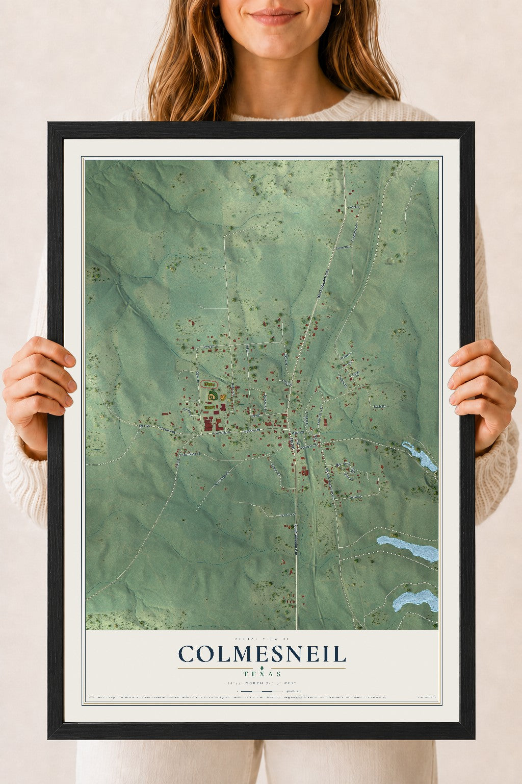 Map of Colmesneil, Texas, 18 x 24 inch print in a black wood frame