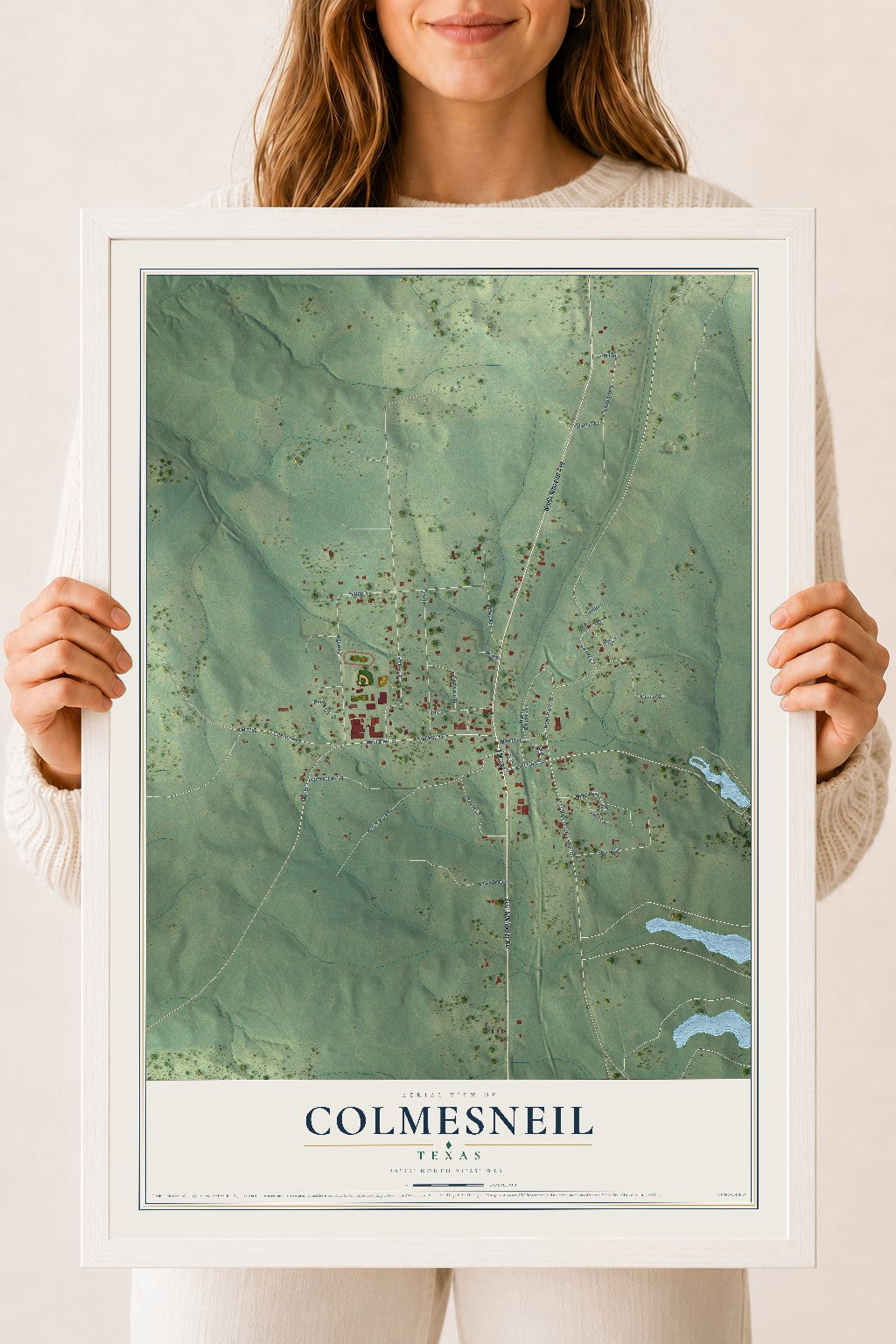 Map of Colmesneil, Texas, 18 x 24 inch print in a white wood frame