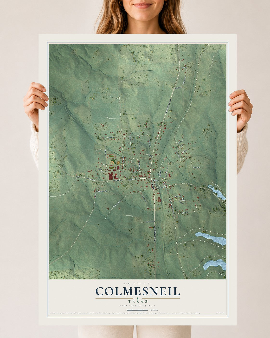 Map of Colmesneil, Texas, 24 x 36 inch unframed archival matte print