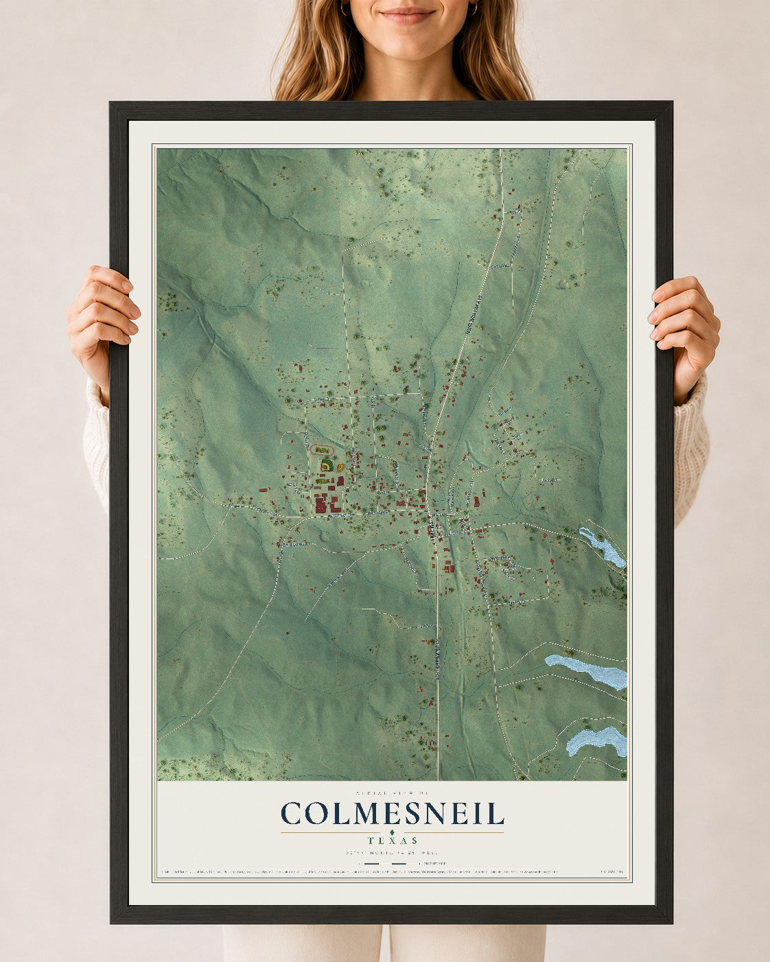 Map of Colmesneil, Texas, 24 x 36 inch print in a black wood frame
