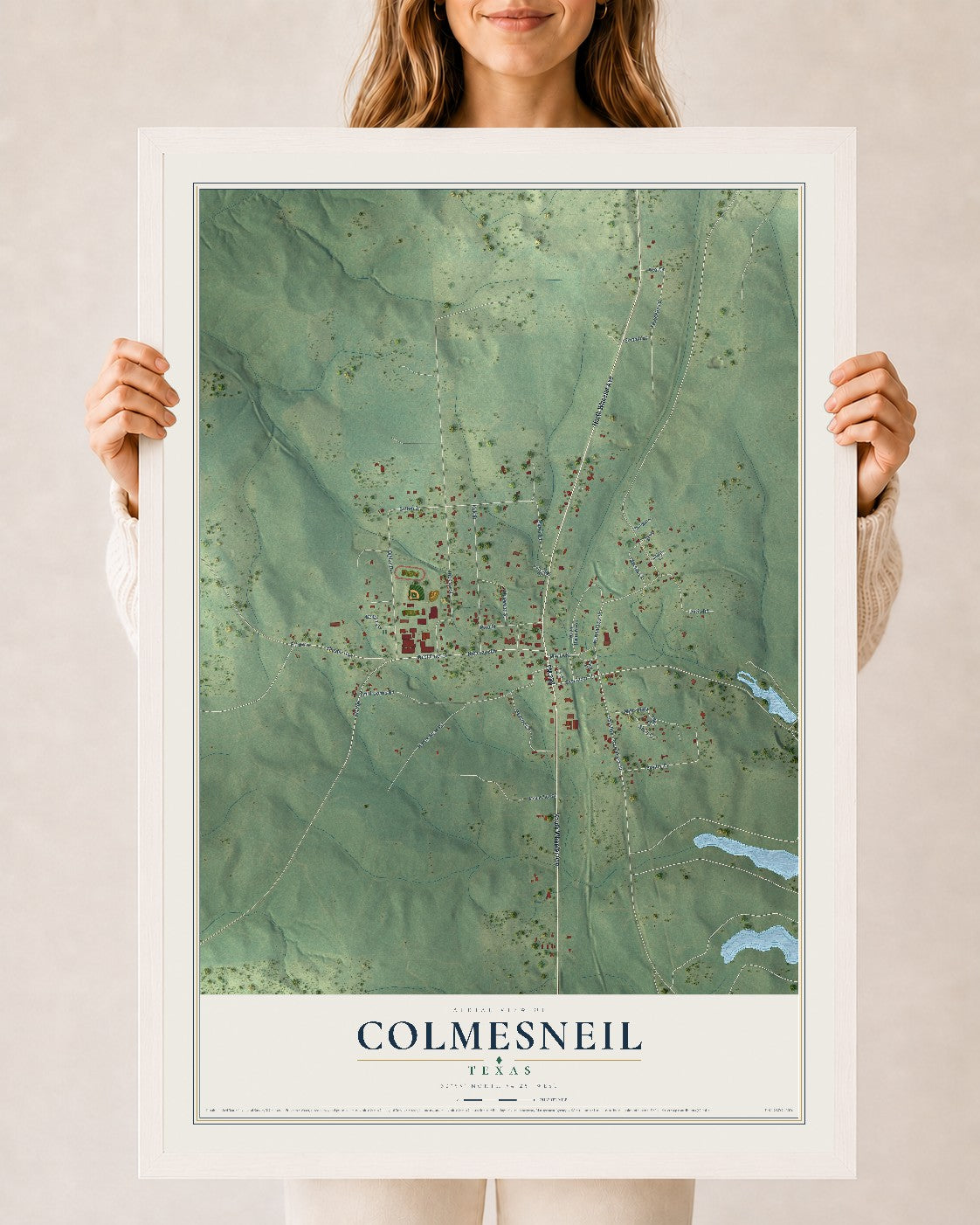 Map of Colmesneil, Texas, 24 x 36 inch print in a white wood frame