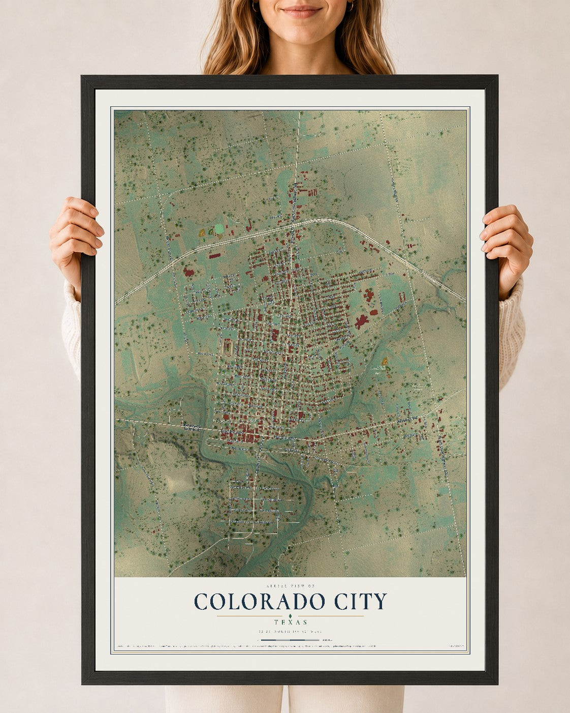 Map of Colorado City, Texas, 24 x 36 inch print in a black wood frame