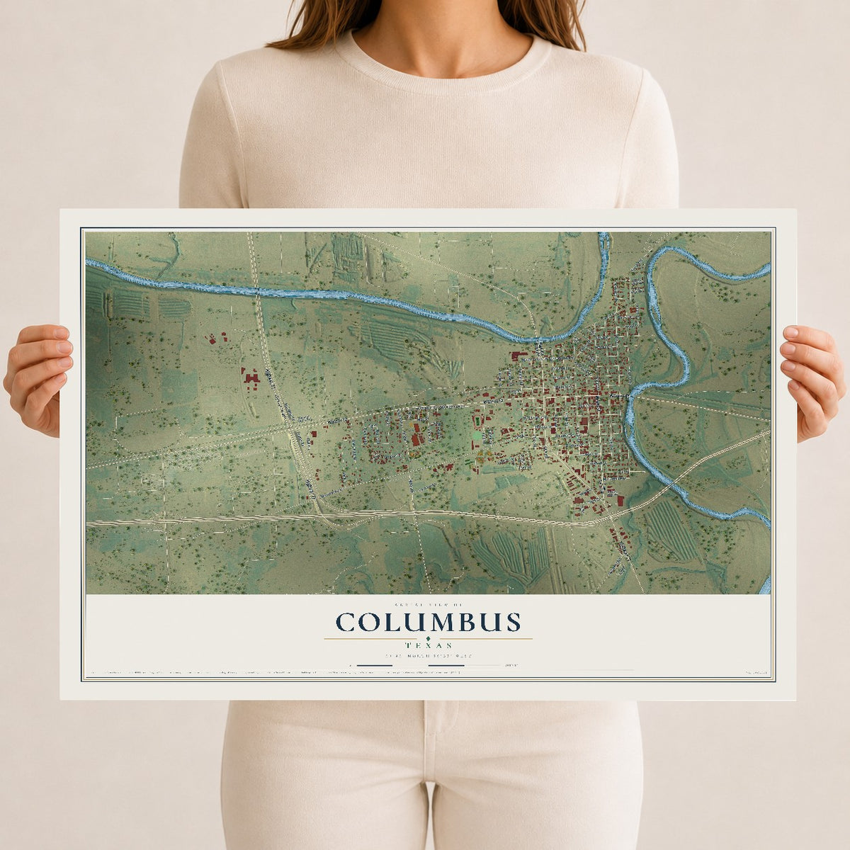 Map of Columbus, Texas, 12 x 18 inch unframed archival matte print