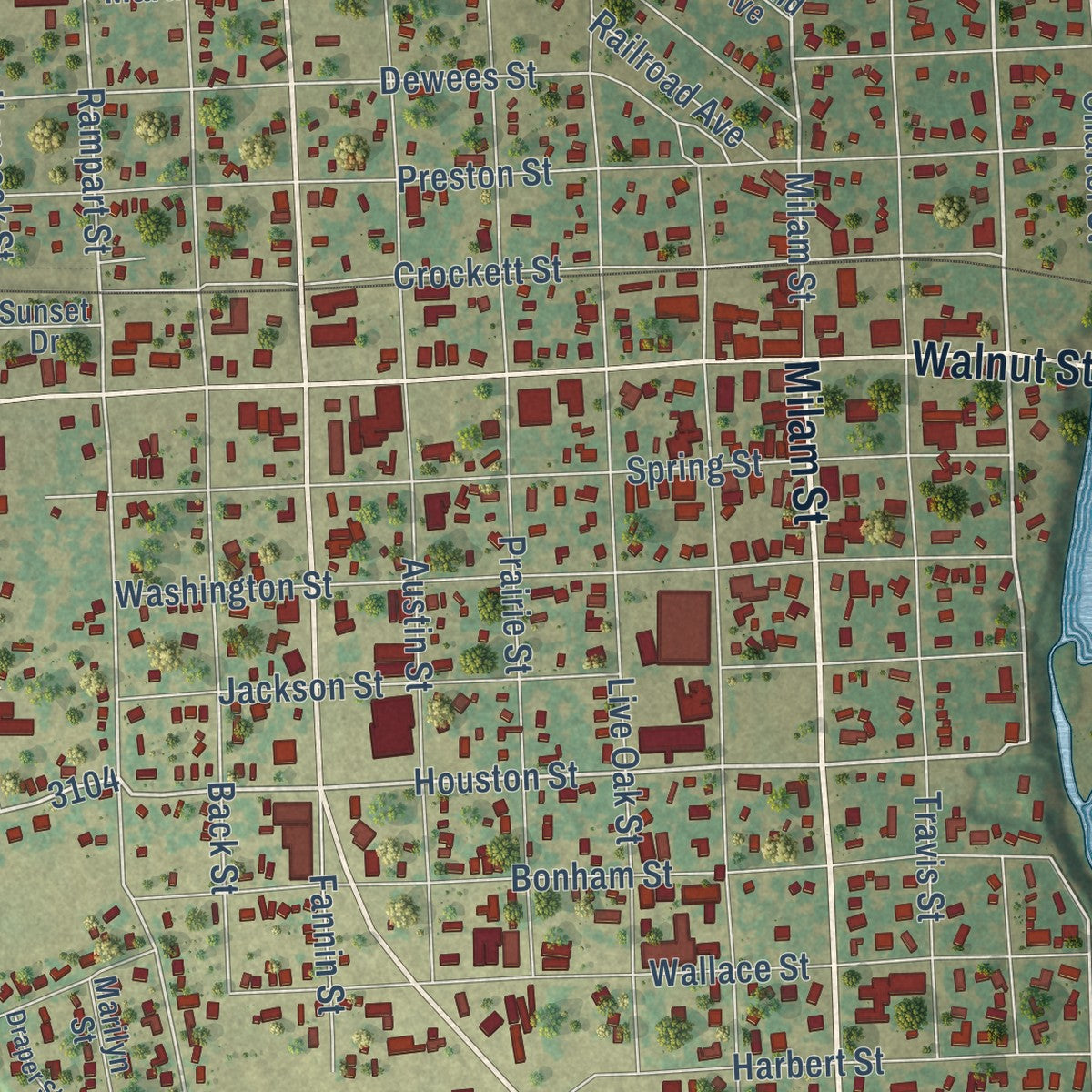 Close-up of the map of Columbus, Texas print showing street and building detail