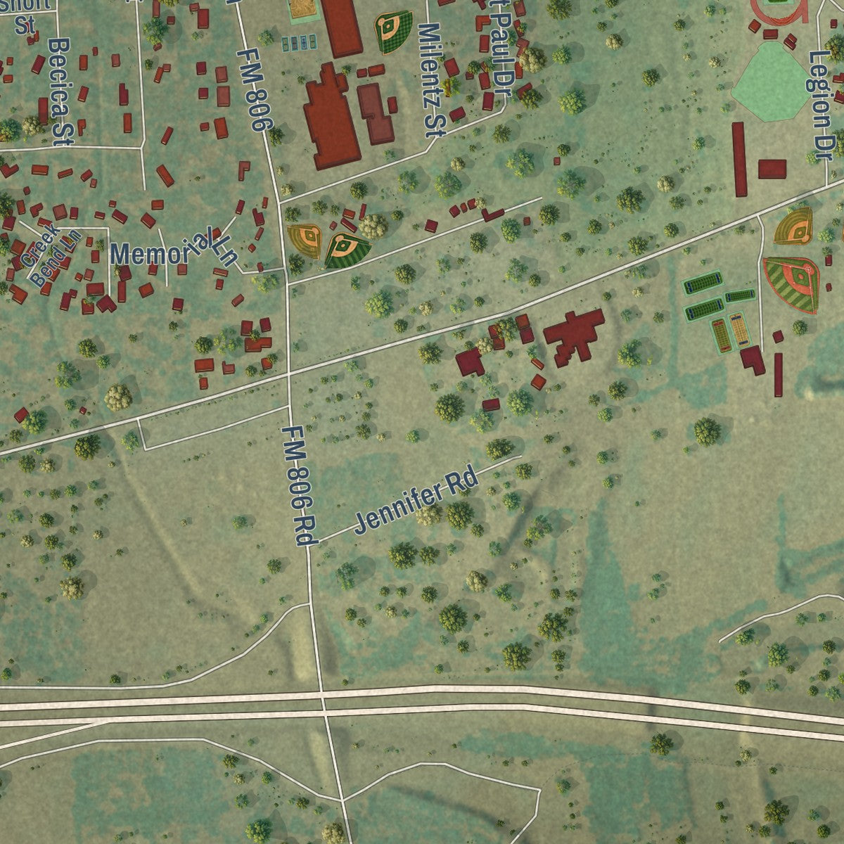 Second close-up of the map of Columbus, Texas print showing more streets and buildings