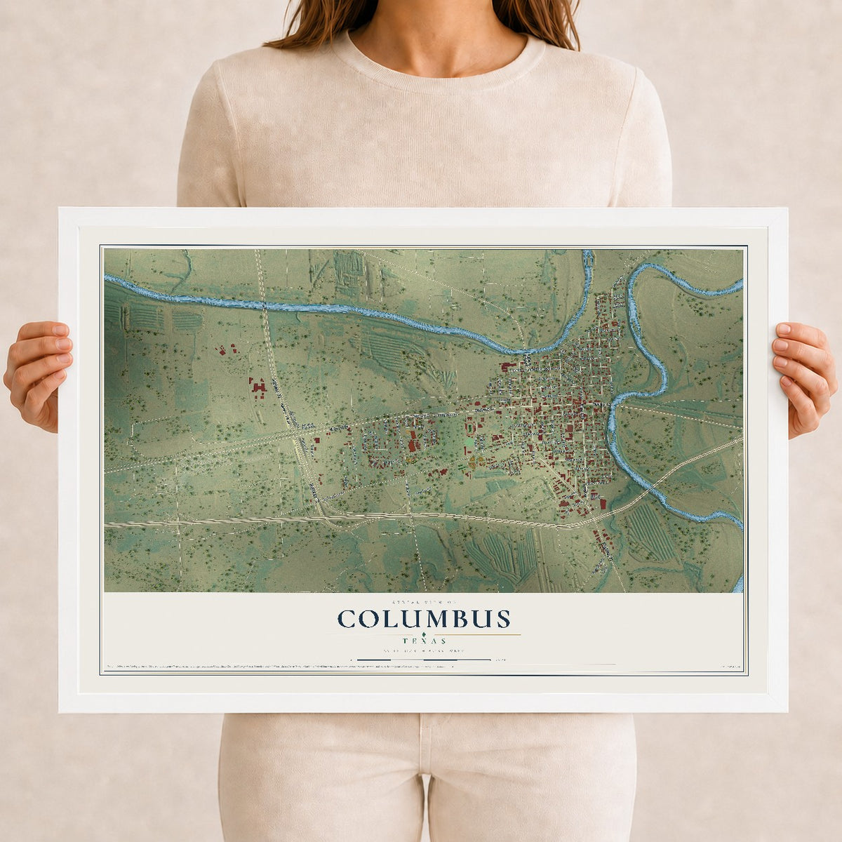 Map of Columbus, Texas, 12 x 18 inch print in a white wood frame