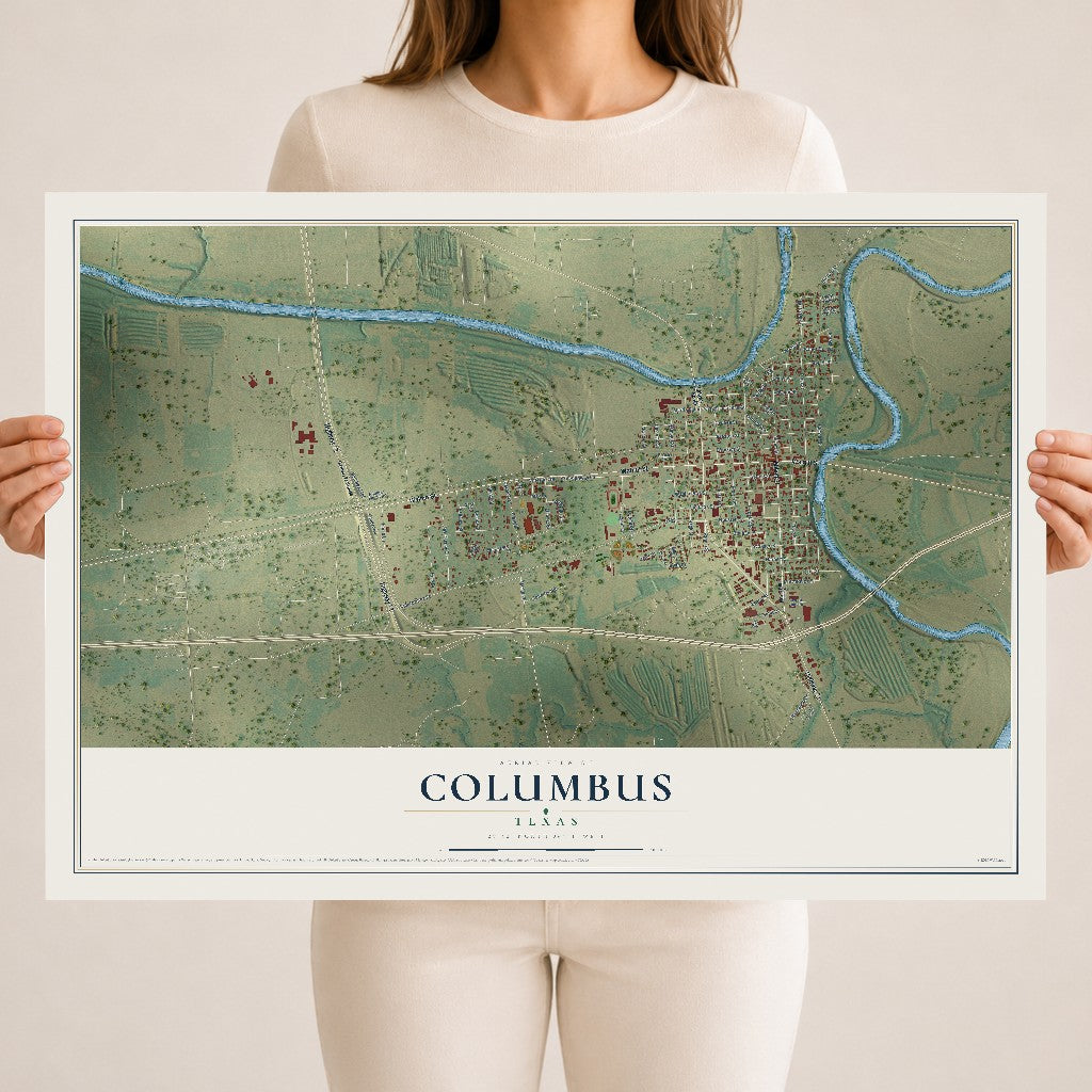 Map of Columbus, Texas, 18 x 24 inch unframed archival matte print