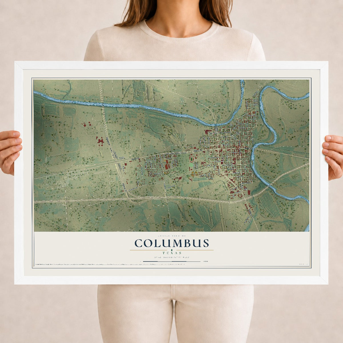 Map of Columbus, Texas, 18 x 24 inch print in a white wood frame