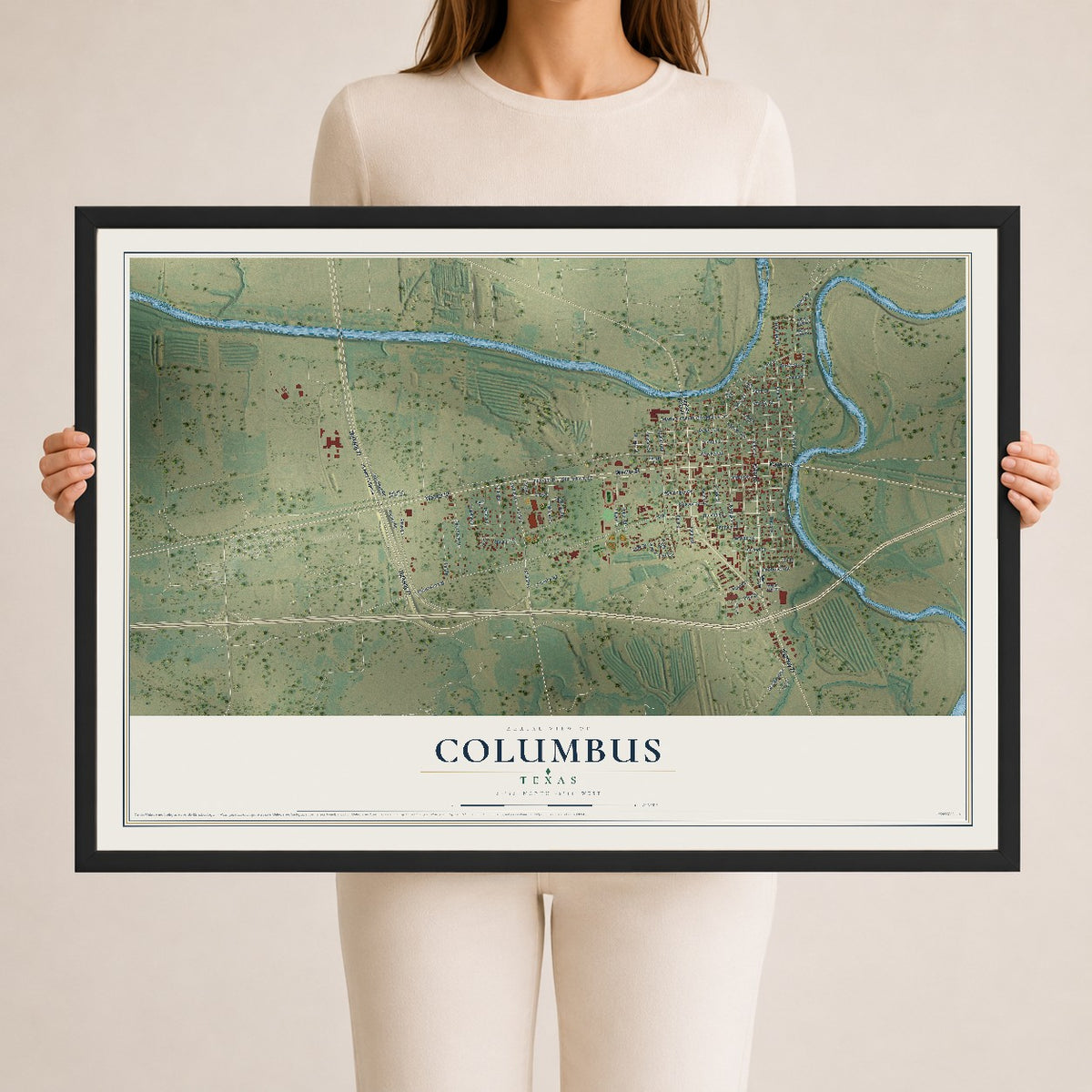 Map of Columbus, Texas, 24 x 36 inch print in a black wood frame