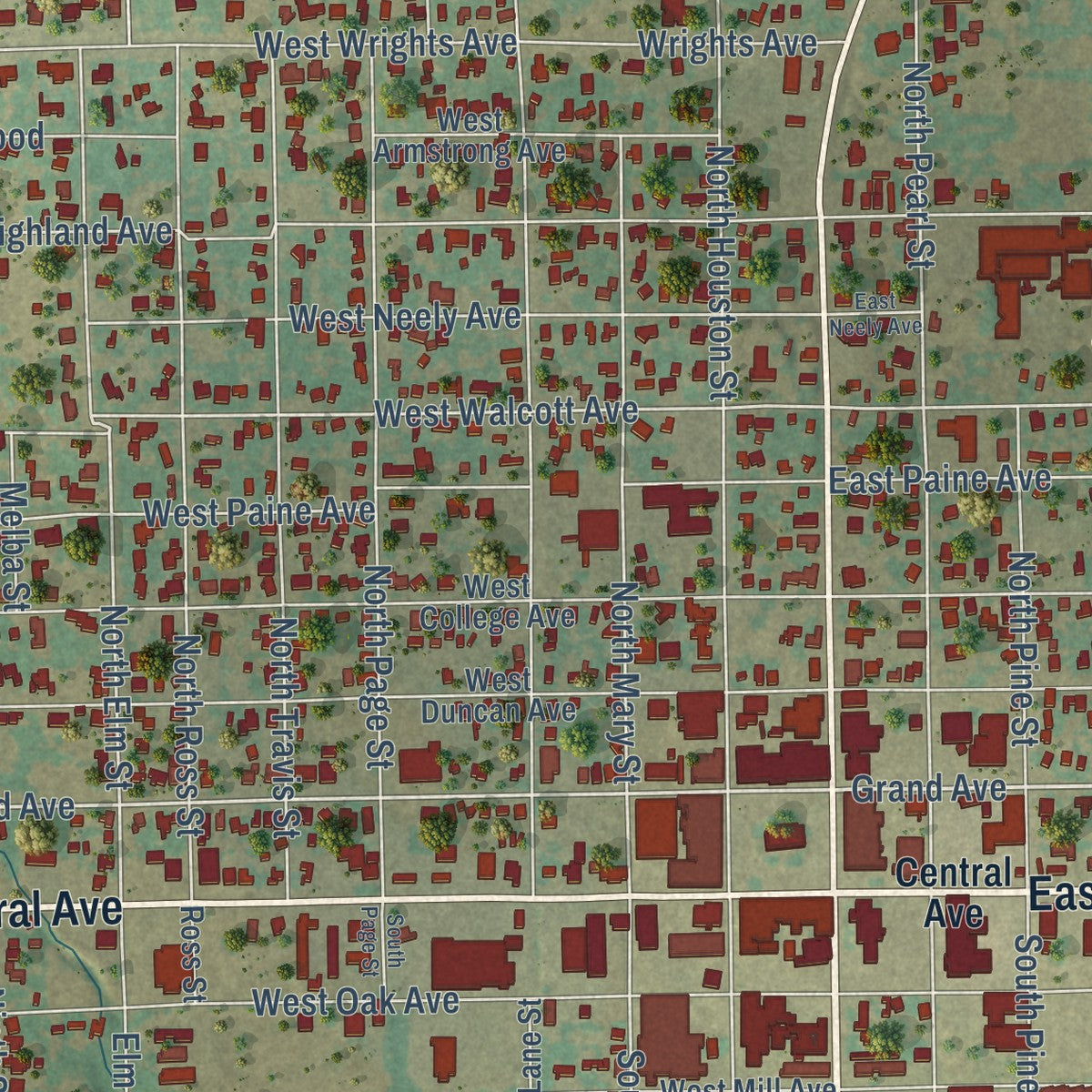 Close-up of the map of Comanche, Texas print showing street and building detail