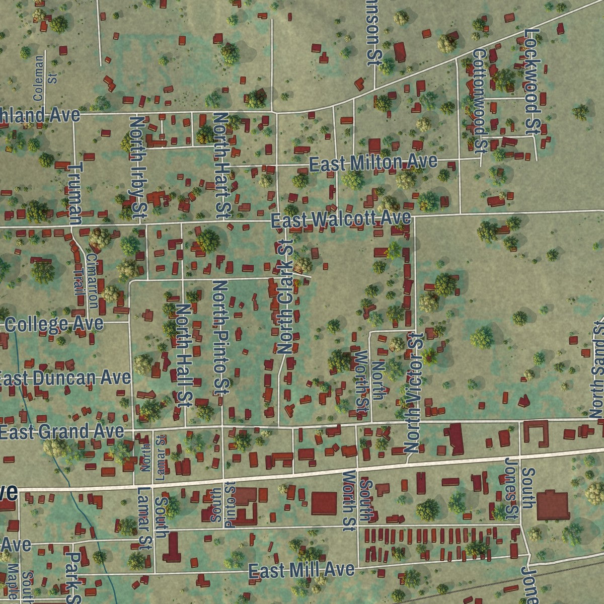 Second close-up of the map of Comanche, Texas print showing more streets and buildings