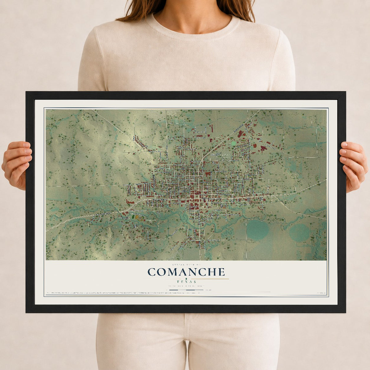 Map of Comanche, Texas, 12 x 18 inch print in a black wood frame