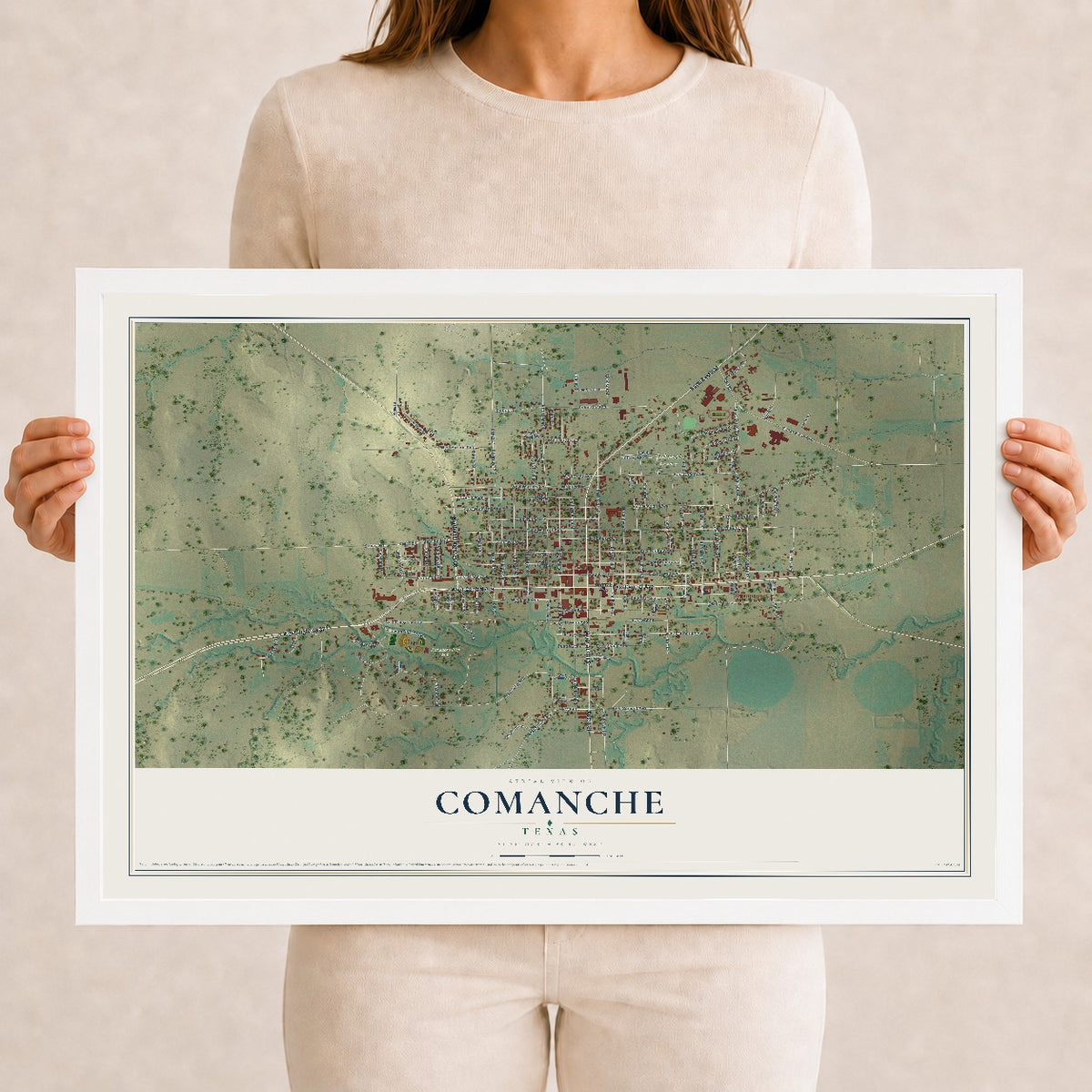 Map of Comanche, Texas, 12 x 18 inch print in a white wood frame
