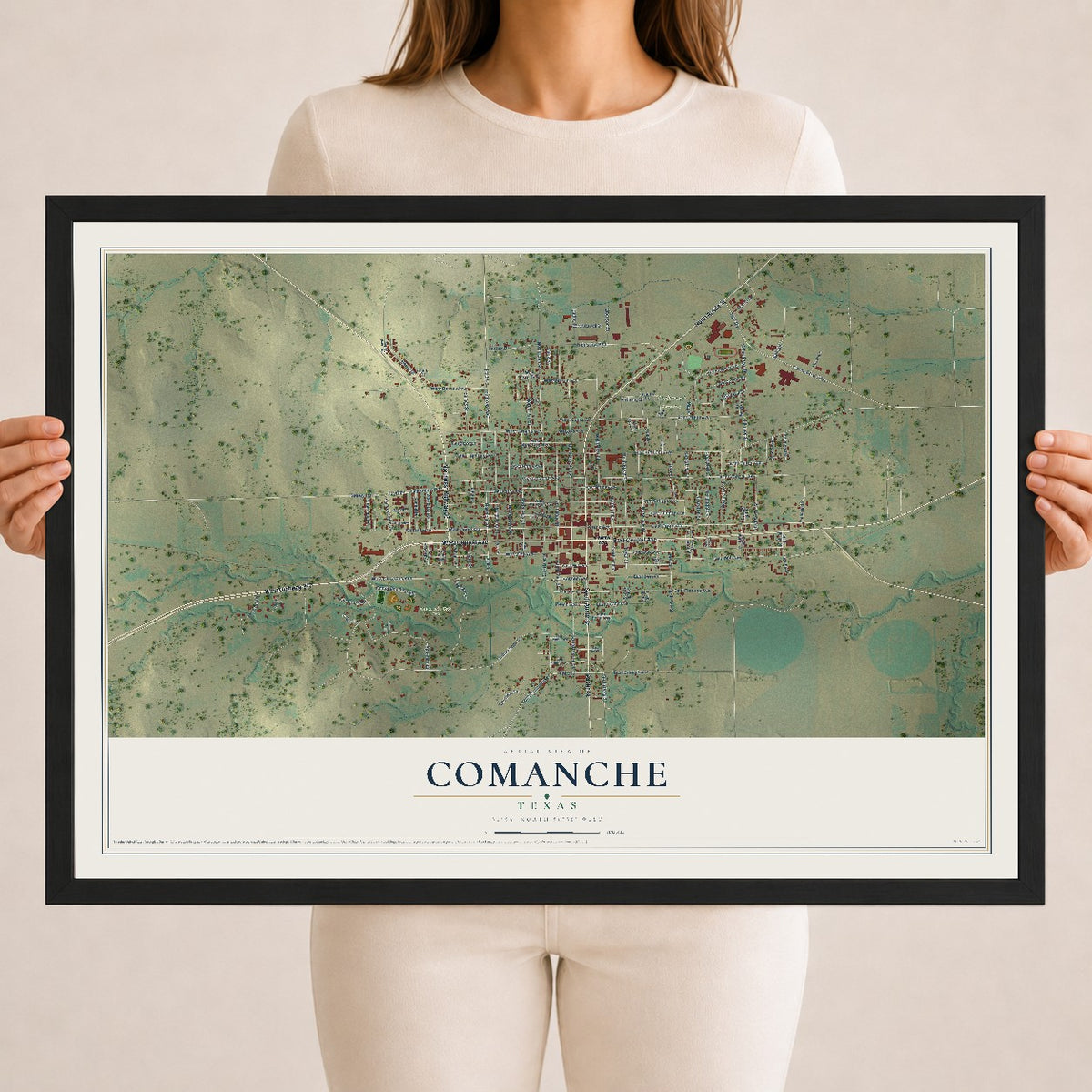 Map of Comanche, Texas, 18 x 24 inch print in a black wood frame